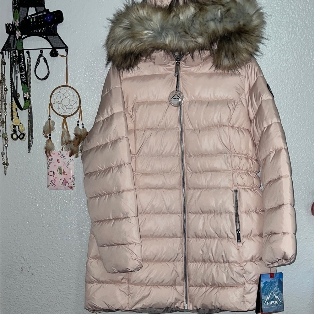 HFX puffer jacket faux fur-trimmed hood XL Dusty Pink color